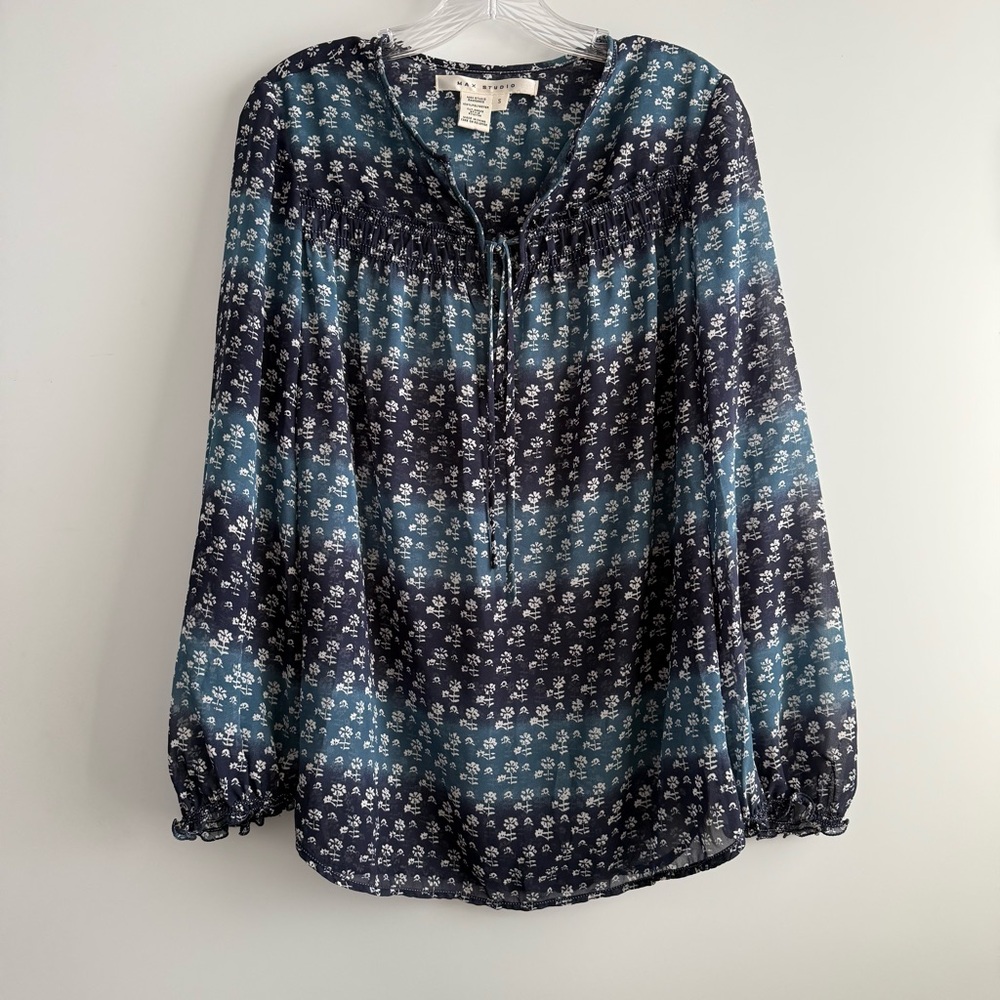 Max Studio Tunic Top Long Sleeve Chiffon Navy Blue/white Floral Size S